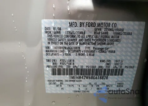 2008 Mercury Sable Premier from USA, damaged, VIN 1MEHM42W68G618828